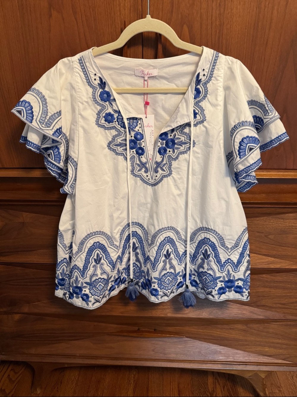 Parker White Tunic with Blue Embroidery
